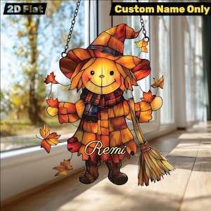 Herbst Vogelscheuche Acryl Suncatcher, personalisierte Herbst Fenster hängend, Faux Buntglas Kürbis Dekor