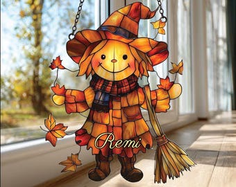 Fall Scarecrow Acrylic Suncatcher, Personalized Autumn Window Hanging, Faux Stained Glass Pumpkin Decor