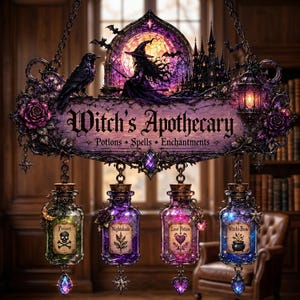 Puede incluir: Un letrero decorativo colgante con la inscripción Witch's Apothecary: Potions, Spells, Enchantments, con un fondo de estilo vitral morado que muestra una bruja, un castillo y un cuervo. Cuatro frascos de vidrio etiquetados como Poison, Nightshade, Love Potion y Witch's Brew cuelgan debajo.