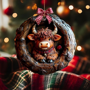 Highland Cow Kerst 2D Plat Gedrukt Niet 3D Ornament Custom Leuke Highland Cow Houten Ornament Voor Animal Lover Baby Highland Cow minnaar Gift