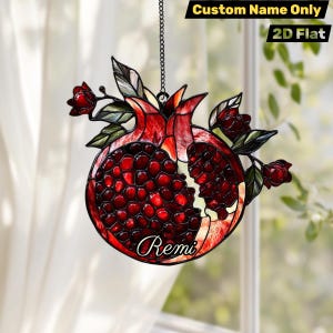 Pomegranate Blossom Acrylic Suncatcher, Faux Stained Glass Fruit Window Hanging, Vibrant Red Kitchen Decor Gift For Mom Grandma