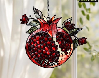 2D Flat Pomegranate Blossom Suncatcher, Faux Stained Glass Fruit Window Hanging, Vibrant Red Decor