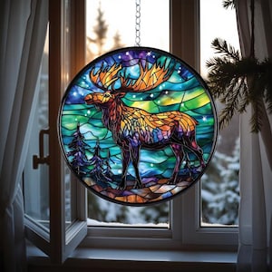 Faux glas-in-lood eland suncatcher, noorderlichtraam hangend, elandliefhebber cadeau voor vader en natuurliefhebbers, vaderdagcadeau