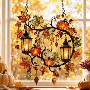 Pode incluir: Uma peça decorativa de parede suspensa com duas lanternas de metal preto com luzes acesas, entrelaçadas com folhas de bordo de vidro colorido com tema de outono, pequenas abóboras laranja e cachos de bagas vermelhas, suspensa por duas correntes.