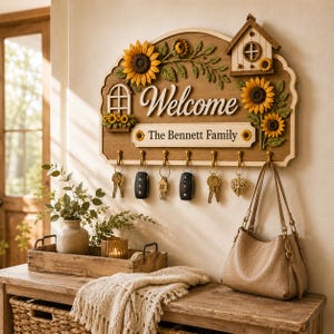 Può includere: Un portachiavi da parete in legno con la scritta Welcome in corsivo bianco, una targhetta con The Bennett Family, girasoli decorativi e una piccola casetta per uccelli. Include sei ganci dorati che sostengono varie chiavi e un ciondolo a cuore.