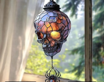 Gothic Skull Faux Stained Glass Suncatcher, Halloween Acrylic Lantern, Spooky Horror Decor
