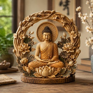 Buddha-Lotus-Meditationsdekoration, ruhige Buddha-Statue mit floralem Lotusrahmen, Zen-Altardekoration für Zuhause