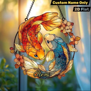 Atrapasueños de imitación de vidriera con peces koi Yin Yang – Arte colgante acrílico para ventana con peces koi y flores, regalo para jardín zen para el equilibrio y la paz.
