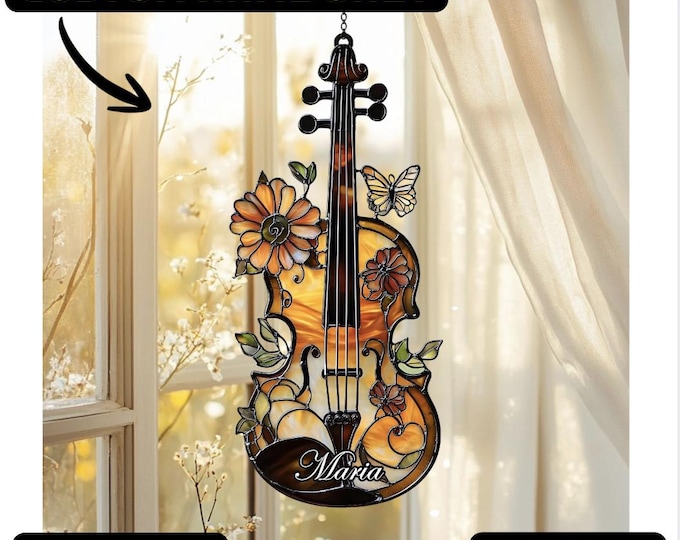 Floral Acrylic Violin Suncatcher, Faux Stained Glass Music Ornament