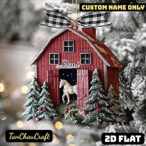 2D Red Barn Ornament, Rustic Farmhouse Christmas Keepsake, Horse Scene Holiday Decoration