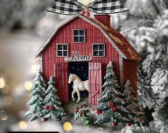 2D Red Barn Ornament, Rustic Farmhouse Christmas Keepsake, Horse Scene Holiday Decoration