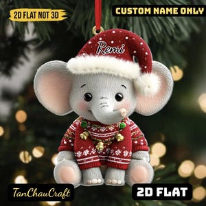 Flat Elephant Christmas Ornament, Baby Santa Hat Figurine, Festive Holiday Tree Decoration