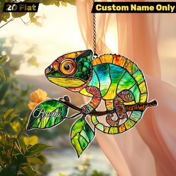 Acrylic Chameleon Suncatcher, Faux Stained Glass Lizard Window Hanging