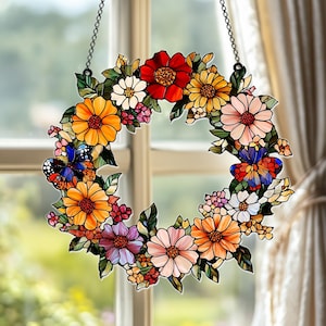 Floral Wreath Acrylic Suncatcher – Colorful Flower Faux Stained Glass Window Hanging with Butterflies, Flower Panel for Mom