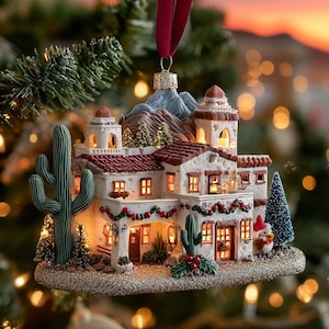 May include: A detailed Christmas ornament shaped like a Southwestern-style building with a red tile roof, cactus, and mountain backdrop. The ornament has small, lit windows and is trimmed with festive greenery. It hangs from a red ribbon.