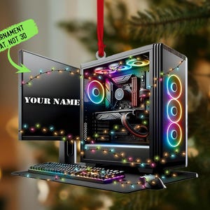 May include: A black computer case with colorful lights and a monitor that says "YOUR NAME". The computer case is decorated with Christmas lights. This ornament is flat, not 3D.