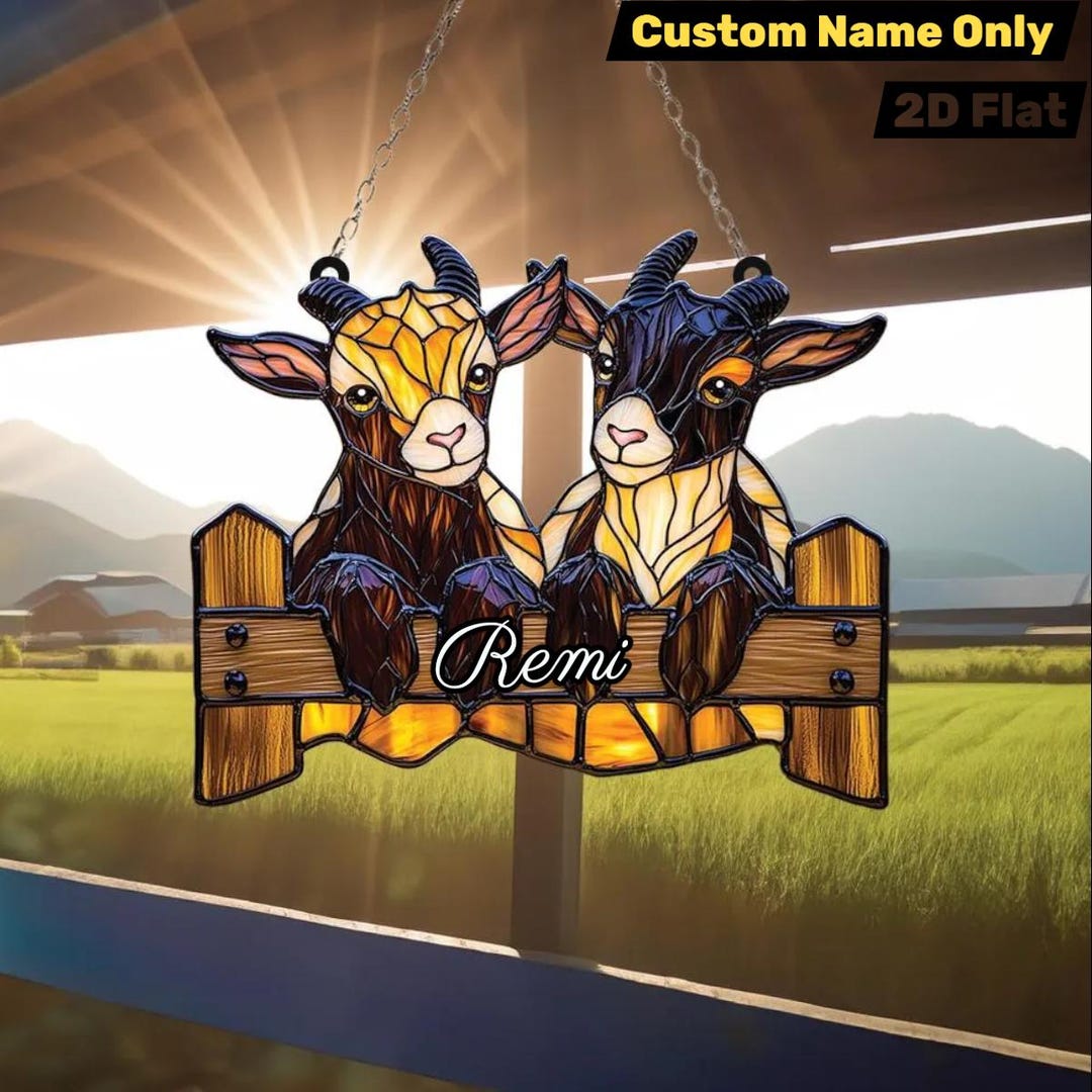 2D Flat Curious Goats Acrylic Window Hanging, Faux Stained Glass Goat ...