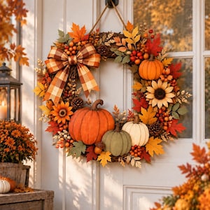 May include: A circular autumn wreath featuring a woven twig base decorated with orange, green, and white pumpkins, sunflowers, pinecones, and berries. A large orange and brown plaid fabric bow is attached to the top left side of the wreath.