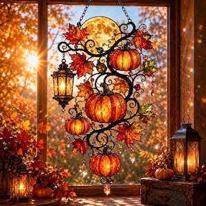 Puede incluir: Un adorno de vitral para ventana con una luna llena, cuatro calabazas naranjas y hojas de arce rojas y naranjas. El diseño incluye un marco de metal negro con una linterna colgante, volutas intrincadas y pequeños cristales colgantes.