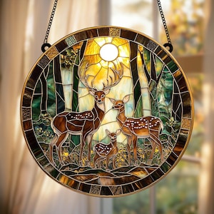 Deer Family Faux Stained Glass Suncatcher, Wildlife Window Hanging, Nature Lover&#39;s Decor, Mother&#39;s Day Gift for Wildlife Lovers