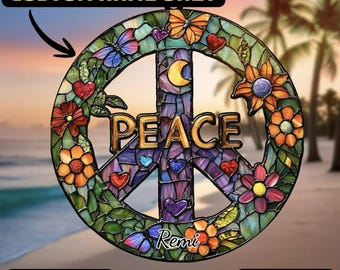 May include: A colorful peace sign with the word "PEACE" in gold lettering. The sign is decorated with flowers, butterflies, and hearts. The text "CUSTOM NAME ONLY" is at the top, and "TanChauCraft" and "2D FLAT" are at the bottom.