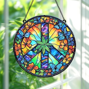 Flower Power Peace Sign Faux Stained Glass Suncatcher, Acrylic Peace Sign Window or Car Hanging, Groovy 70s Hippie Gift for Him or Her