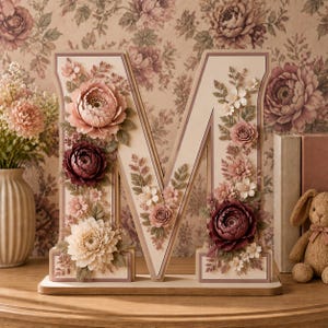 May include: A large, freestanding wooden letter M in a light cream color, decorated with an arrangement of artificial flowers in shades of dusty pink, deep burgundy, and white, featuring layered petals and green foliage accents on a flat base.