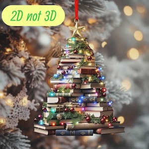 2D Flat Book Tree Christmas Ornament, Stack Of Books With Lights Wooden Decoration, Gift For Book Lovers And Teachers