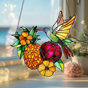 Hummingbird with Tropical Fruit Faux Stained Glass Suncatcher, Acrylic Summer Window Decor for Garden Homes, Tropical Home Decor