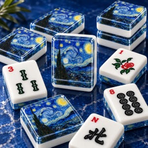 May include: A collection of mahjong tiles featuring a blue and yellow Starry Night art print on the backs, alongside standard tiles marked with red numbers, green bamboo symbols, black circles, and the black Chinese character for north.