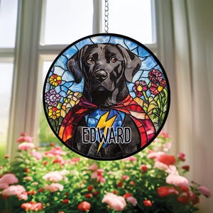 Black Labrador Dog Faux Stained Glass Suncatcher, Acrylic Labrador Window Hanging, Dog Portrait Art, Personalized Pet Gift or Dog Memorial