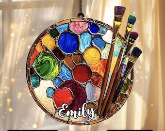 Faux Stained Glass Paint Palette Suncatcher, Custom Acrylic Art Teacher, Rear View Mirror Charm
