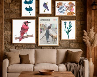 Rustic gallery wall Set of 6, botanical & bird printable art bundle, valparaiso travel poster, cozy home decor, digital download
