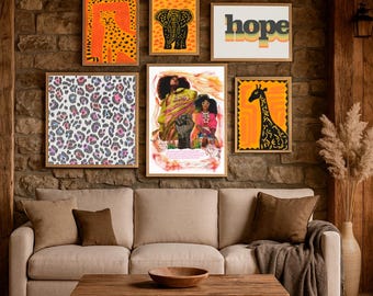 African boho wall art set of 6, afro woman print, safari animal posters, leopard print, elephant, giraffe art, digital download gallery wall