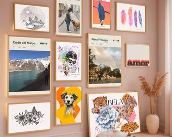 Wall art gallery set of 11, printable posters bundle, boho, travel, pets & minimalist art prints, aesthetic home decor, digital download