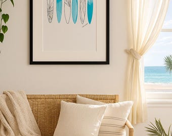 Surfboard Wall Art Print, Blue Minimalist Coastal Decor, Modern Beach Illustration, Surf Art Poster, Ocean Inspired Printable Wall Art