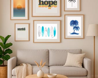 Coastal gallery wall set of 6, surf & palm printable art bundle, minimalist beach posters, modern coastal decor, digital download