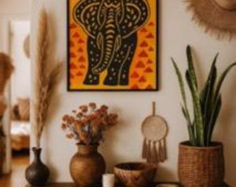 Elephant Art Print, Tribal Elephant Wall Art, Colorful Naive Illustration, Modern Animal Art, Boho Statement Decor, Printable Art