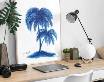 Blue Palm Tree Watercolor Art Print, Minimal Tropical, Coastal Decor Poster, Botanical Illustration, Modern Nature Art, Printable Wall Art