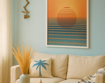 Minimalist Sunset Wall Art, Retro Geometric Sun Print, Modern Abstract Landscape, Mid Century Inspired Poster, Printable Wall Art