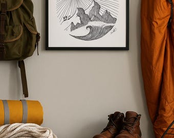 Minimalist Mountain Illustration Print, Sun and Wave Line Art, Nature Wall, Black and White Drawing, Digital Download