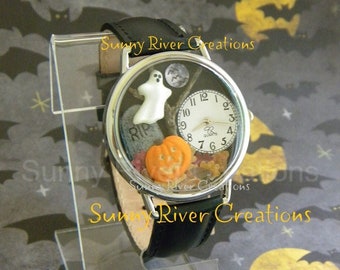 Spooky Halloween Watch with or without bats, glow-in-the-dark pumpkin face and edge of ghost, autumn leaves tombstone moon, tree, gift