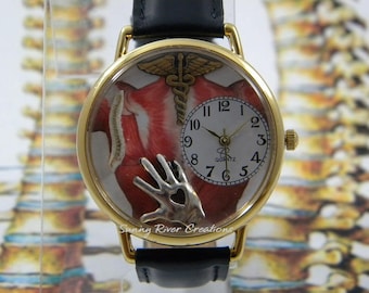 Chiropractor Watch With Caduceus, Spine and Heart in Hand, Gift
