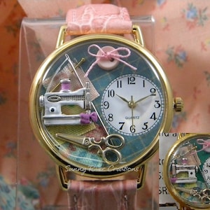 Sewing Watch with cutting board sewing machine needle scissors fabric button, gift, birthday, Christmas