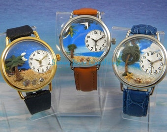 Beach Vacation Watches OOAK ocean, sand, sea shells, glow in the dark moon and stars, sand dollar dove, starfish