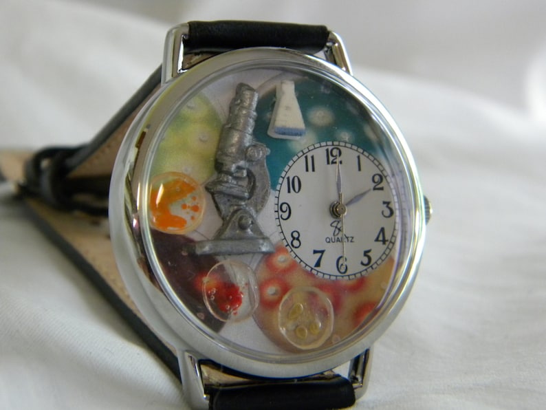 Microbiologist Watch with microscope beaker and petri dishes graduation gift image 1