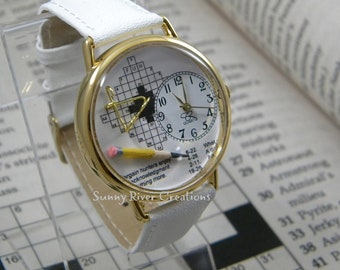 Crossword Puzzle Watch with tiny glasses and tiny pencil, fun gift, birthday, Christmas