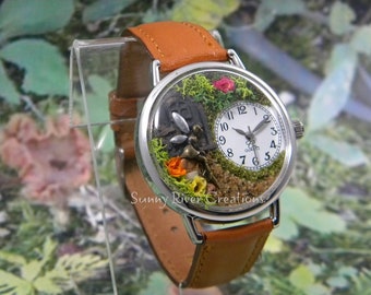 Fairy Garden Watch, door, path, greenery, flowers and fairy- personalize with the color flowers you want.