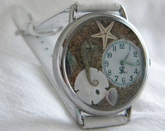 Seahorse Watch with Starfish Abalone Sand Dollar and Apple Blossom Shell, sea, beach, water, gift, birthday, Christmas