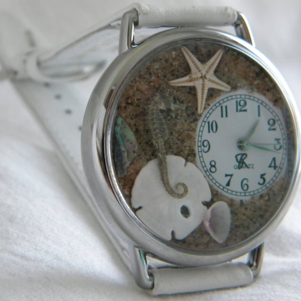 Seahorse Watch with Starfish Abalone Sand Dollar and Apple Blossom Shell, sea, beach, water, gift, birthday, Christmas